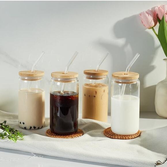 16oz Drinking Glassware with Bamboo Lid and Reuasable Straw(Set of 4) (Clear) - Picture 1 of 4